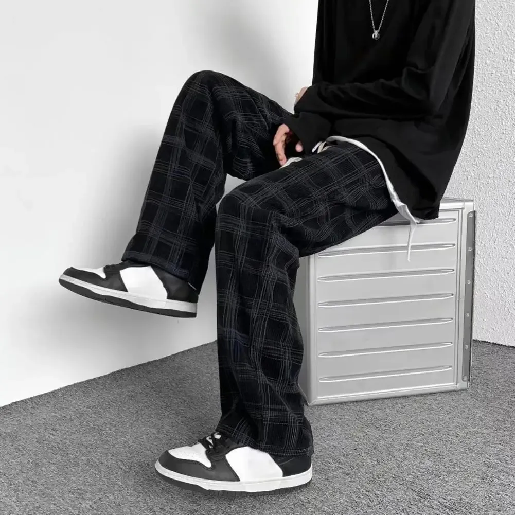 Mid-Rise elastische tailleband mannen broek zakken rechte wide been casual broek plaid print drawstring los corduroy broek 240422