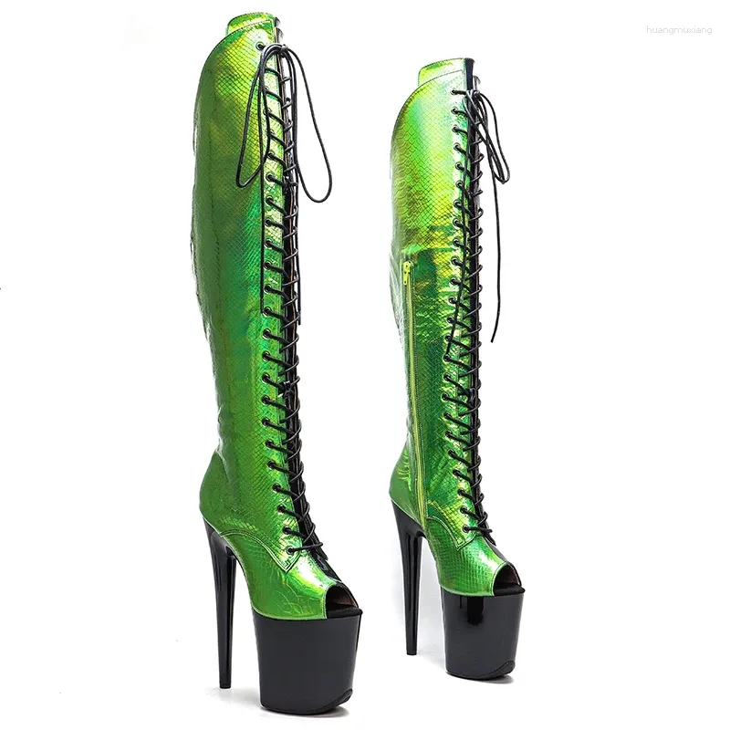 Dansschoenen Leecabe 20 cm/8inch zwart met groene bovenste open teen platform Disco Party High Heel Pole Boot