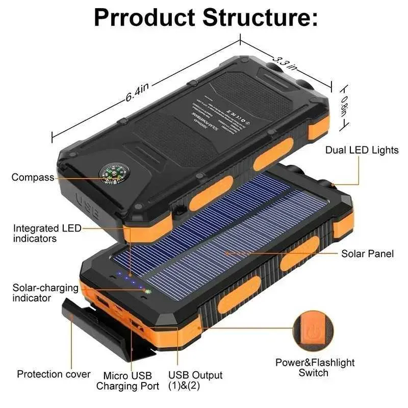 携帯電話のパワーバンクポータブルソーラーエネルギー200000MAHパワーパック充電3つの保護外部バッテリー充電器頑丈なLEDライトとデュアルUSB 240424