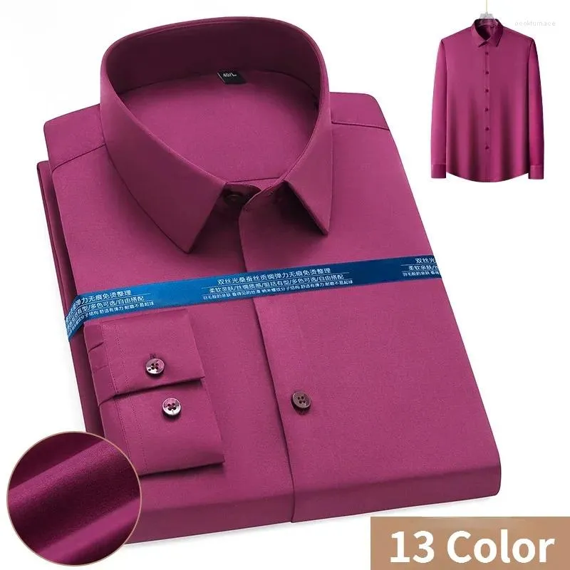 Heren DRID Shirts 6xl Business Solid Color Elastic Wrinkle-Free No Trace Slim Fit Shirt Men Lange Mouw Tops Formeel Wit Satin