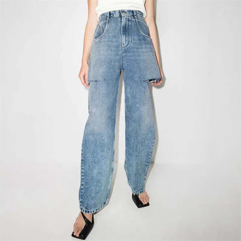 Pantalon de jeans pour femmes 2024 Été Vintage en détresse pure coton haute taille en denim large jambe droite