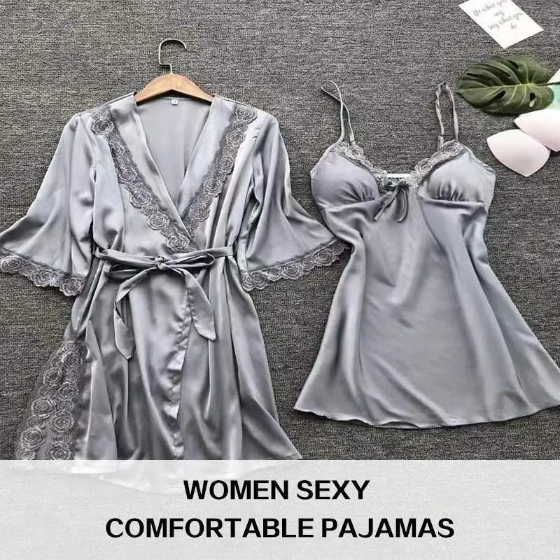 Vêtements de sommeil pour femmes 2pcs femme sexy pyjamas slpwear robe et pantalon lingerie peignoir en soie satin maison vêtu de nuit pour dames y240426