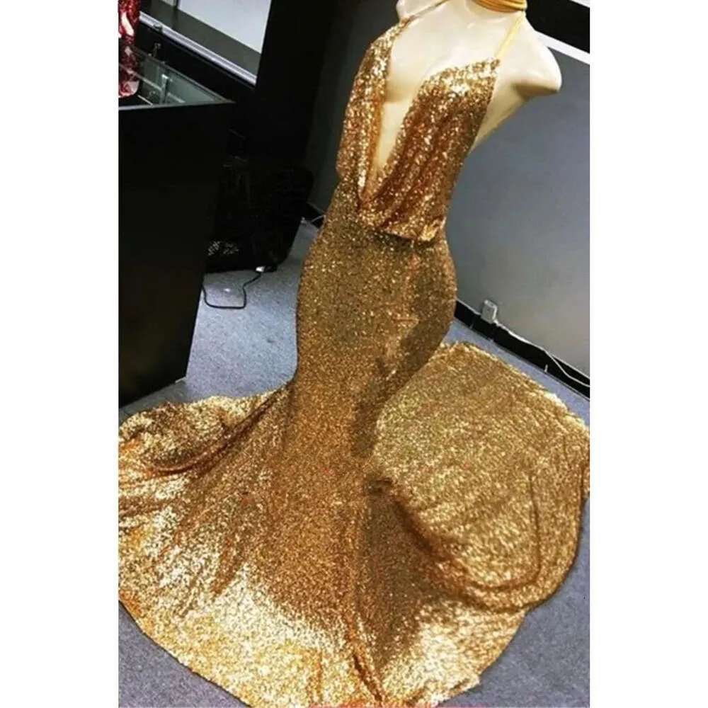 Mermaid Prom Halter Sequins 2019 Dresses Gold Ruffles Backless Sweep Train Party Party Barty BC1258