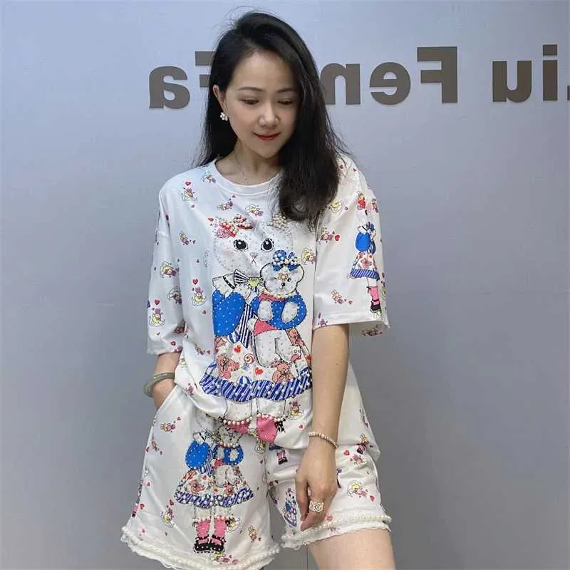 Women's Two Piece Pants New Summer Women Two-piece Set Cartoon Printed Hot Drilling Loose Short Sets Casual Knitting Tops and Shorts Sets Y240426