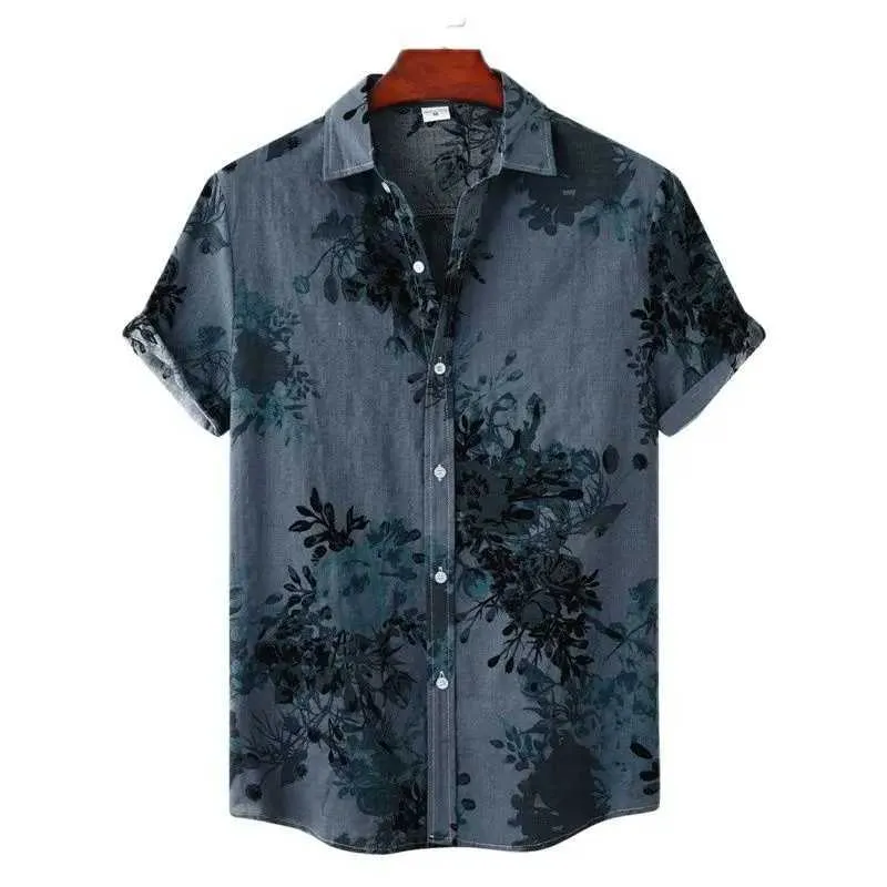 Men's Casual Shirts Gray Retro Hawaiian Floral Shirt Men 2023 Brand Casual Short Sleeve Button Up Beach Shirts Men Daily Holiday Vacation Clothing 240424