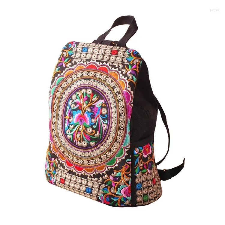 バックパックスタイルキャンバス刺繍エスニック女性手作りの花刺繍バッグ旅行袋学校バッグバックパックモキラ