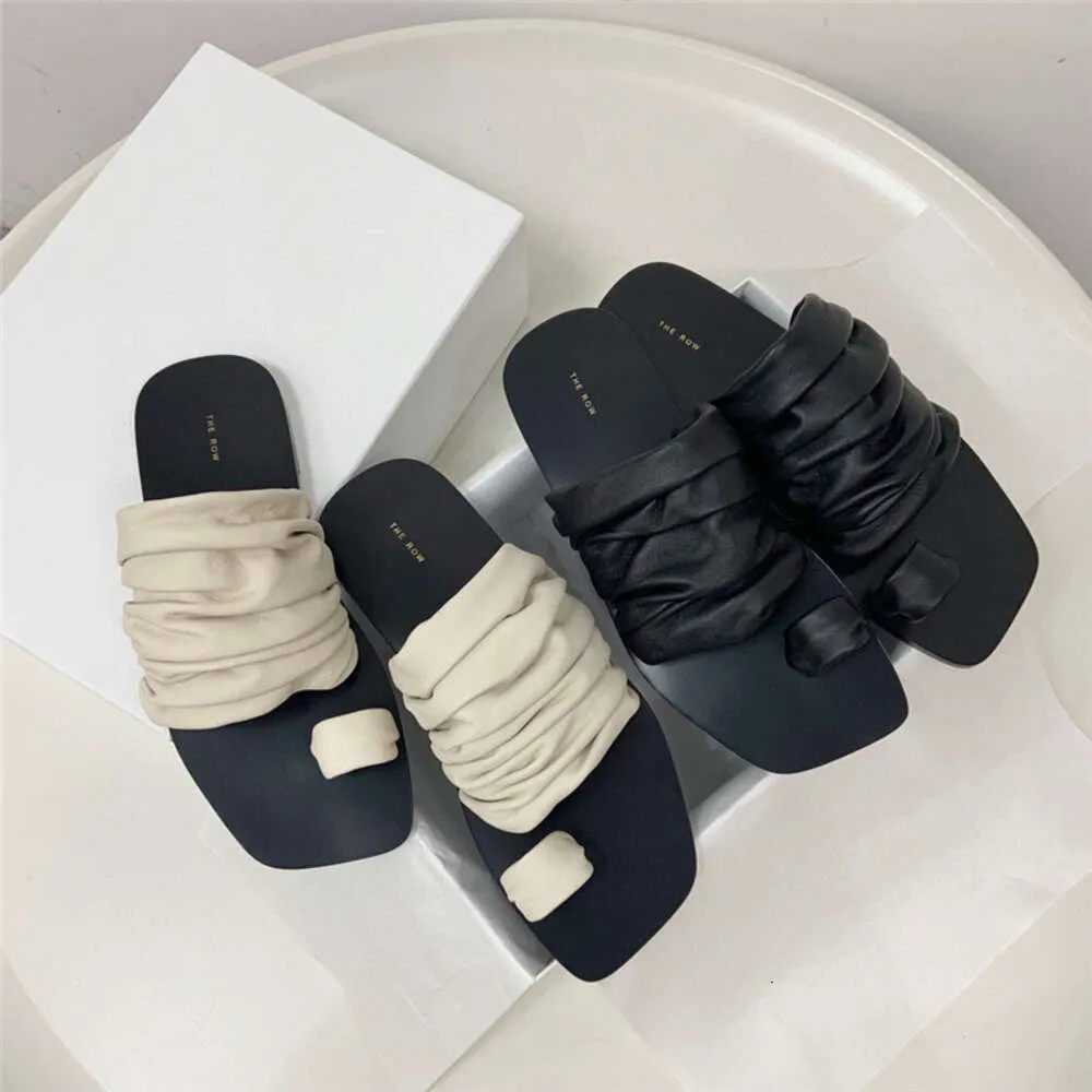 designer sandals women slide heels shoes Therow Pleated Slippers Summer Sheepskin Pinch Toe Head Extremely Simple Fashionable Outgoing Flat Bottom