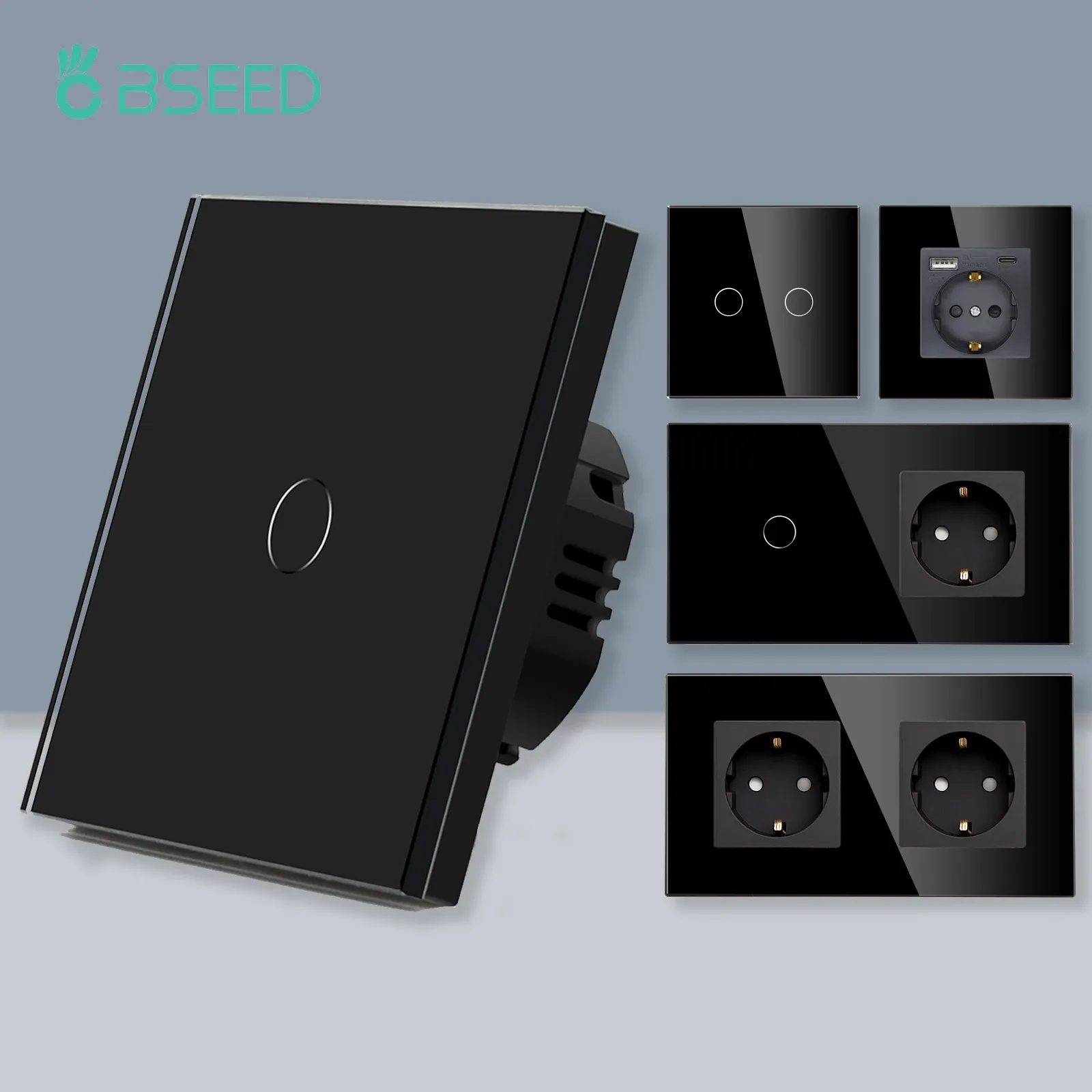 Plugs BSEed 1/2/3Gang Touch Light Switch Sensor Switch 1Way Wall Electric Socket med USB Typec Glas Socket EU Standard Black