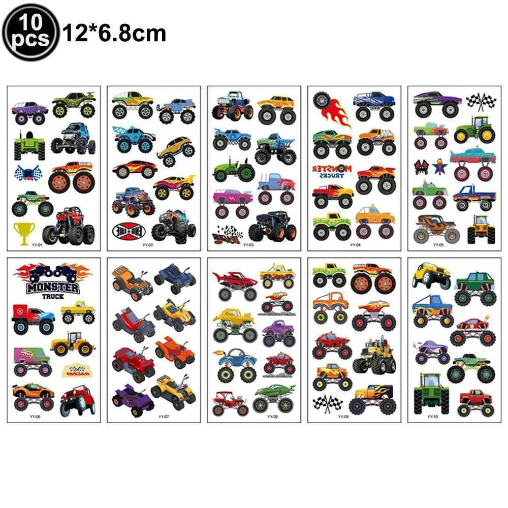 8MJJ Tattoo Transfer Monster Truck Tijdelijke tatoeages Stickers For Kids Boys Happy Birthday Monster Truck Ballonnen Big Wheel Racing Party Foil Balloon 240426