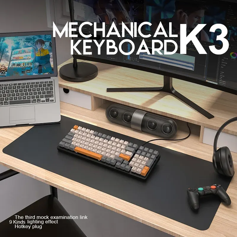 Drives K3 ryska/engelska spelmekaniska tangentbord för spelare hotswap röd/blå switch typec trådbunden 100 nycklar bakljuseffekt