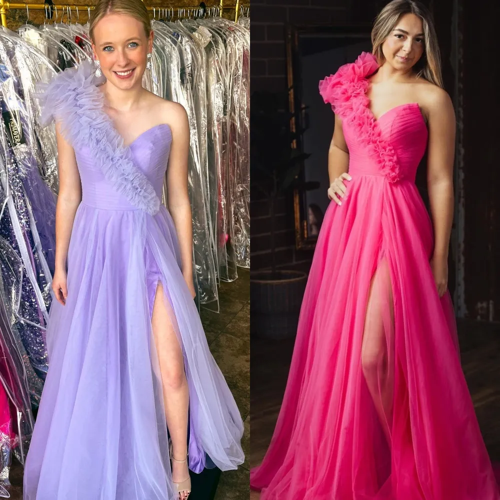 Hot Pink Prom Dress Ruffle One-Shoulder High Slit Ballgown Pageant Winter Formal Event Evening Party Runway Black-Tie Gala Hoco Gown Wedding Guest Bridesmaid