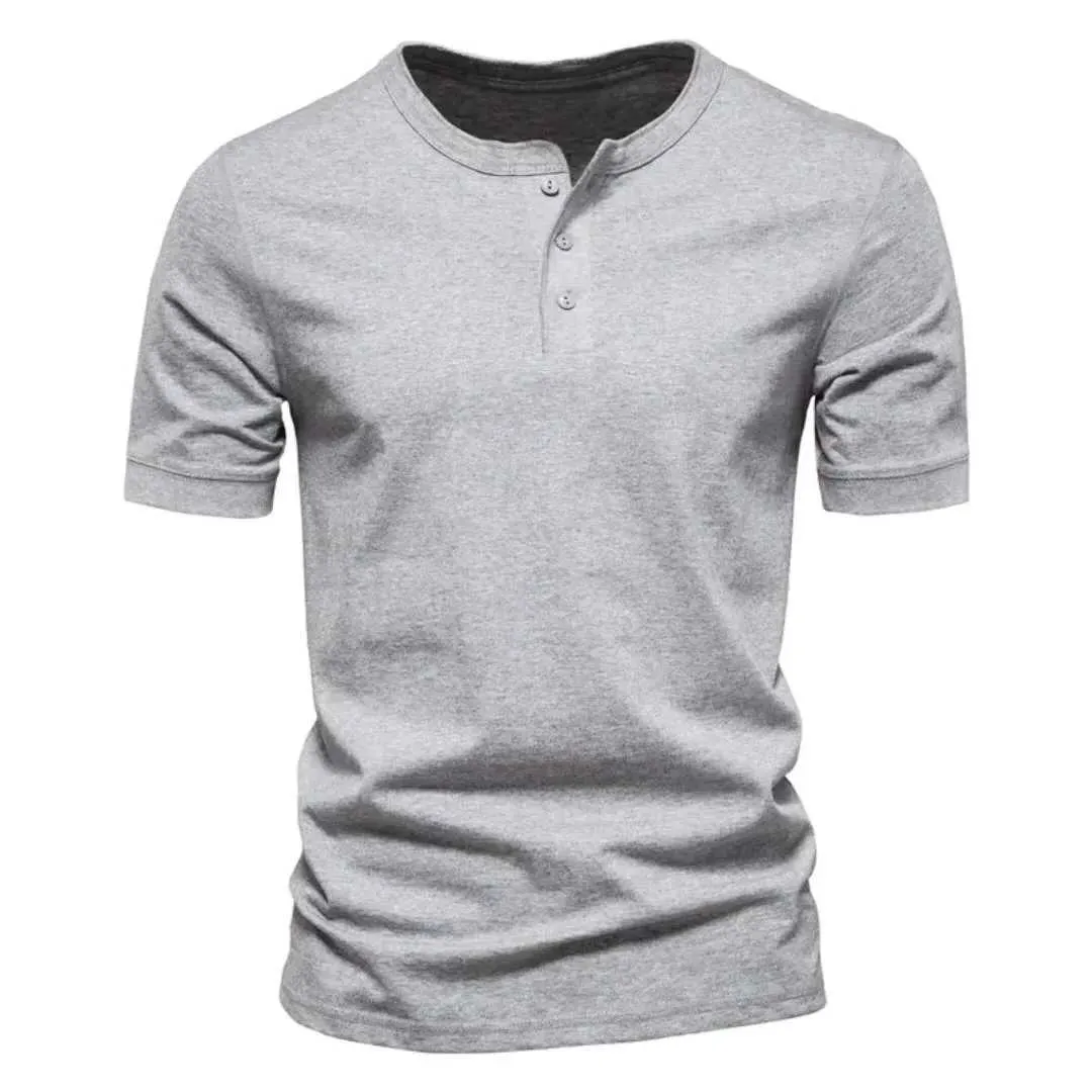 Taktiska t-shirts sommaren Henry halsringning herrar avslappnad kortärmad solid färg casual mens andningsbar topp t-shirt 240426