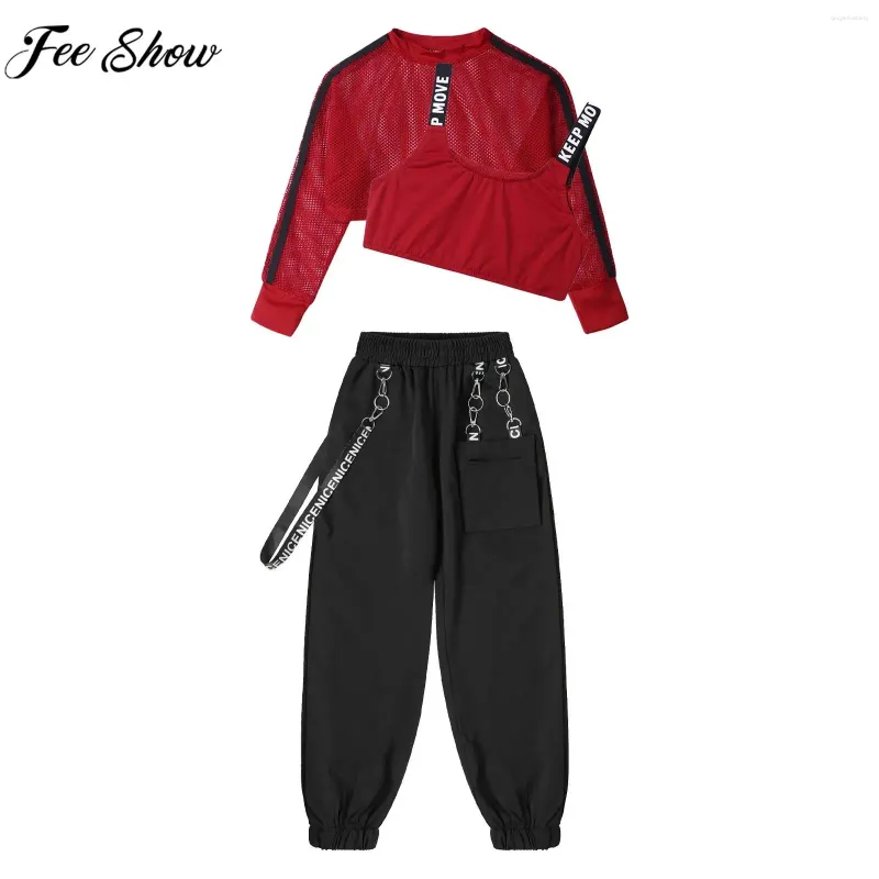 Clothing Sets Girls Hip-Hop Jazz Street Dance Outfit Long Sleeve Crop Top With Vest Chain Pants Skateboarding Performance Costume Sportswear