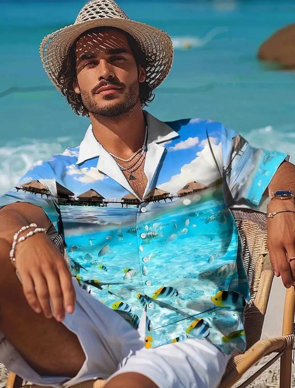 Chemises décontractées pour hommes chemises pour hommes hawaïens nautiques Summer Summer Aloha Casual Holiday Summer Spring Tripdown Short Stretch Tissu Stretch Tissu 240424