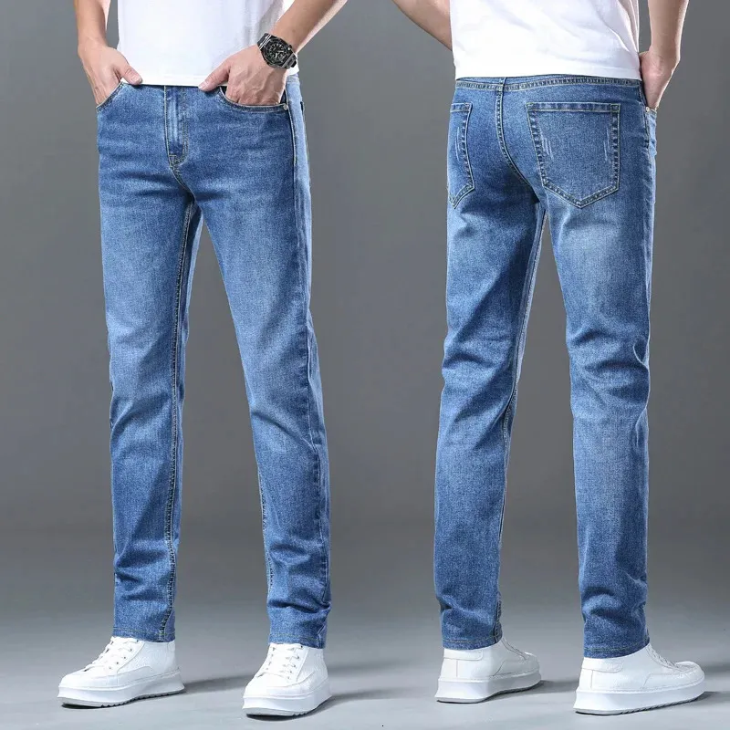 Summer Mens High Quality Thin Blue Slim Jeans Classic Style Business Straight Stretch Denim Pants Mane Brand Trousers 240420