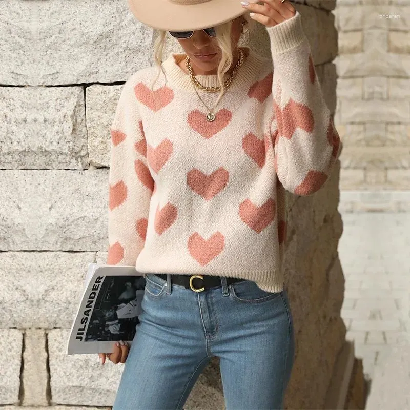 Women's Knits Autumn Winter Simplicity Solid Color Valentine's Day Casual Love Long-Sleeved Pink Sweater Fashion 2024 Arrivals D