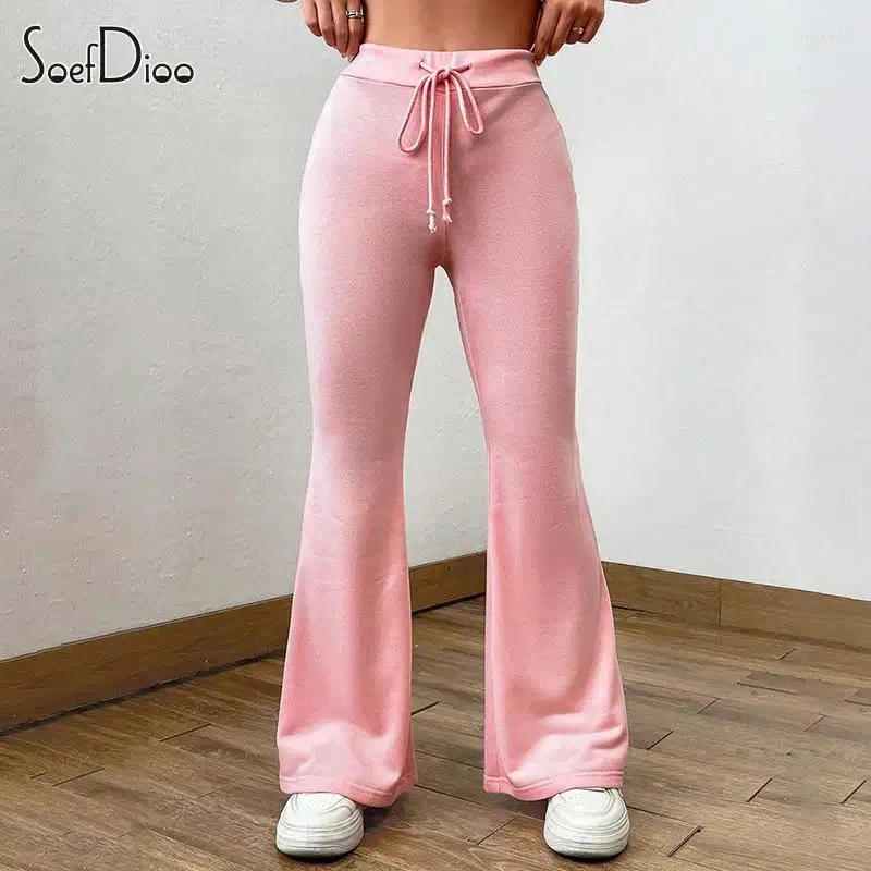 Calça feminina soefdoo renda sólida up cintura larga perna ascents mulheres moda leve estrech slim calças 2024 primavera casual esportivo