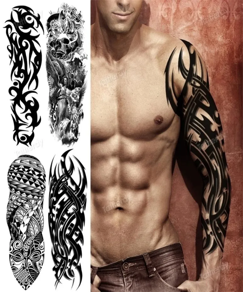 Tillfälliga tatueringar full arm tillfälliga tatueringar stora svarta totem testpojkar tatuera falsk vattentät skalle lejon ärm tatuering klistermärken 7469456