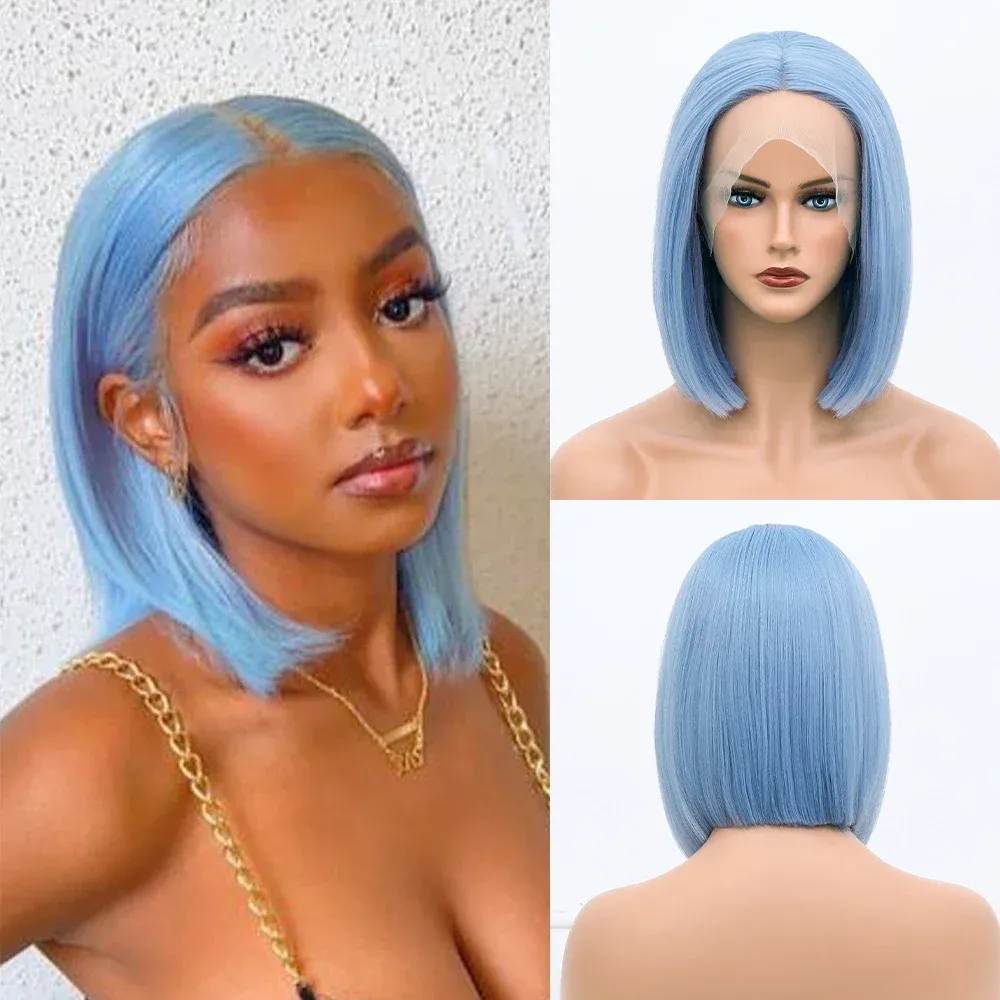 Peruker blå kort rak bob spets front peruk syntetiska wgis för svarta kvinnor blond rosa orang cosplay lolita naturligt spets frontala hår