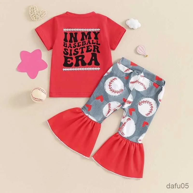 衣料品セット子供服の子供たちの女の子の夏の衣装半袖OネックTシャツトップス+野球プリントフレアパンツセットコスチューム