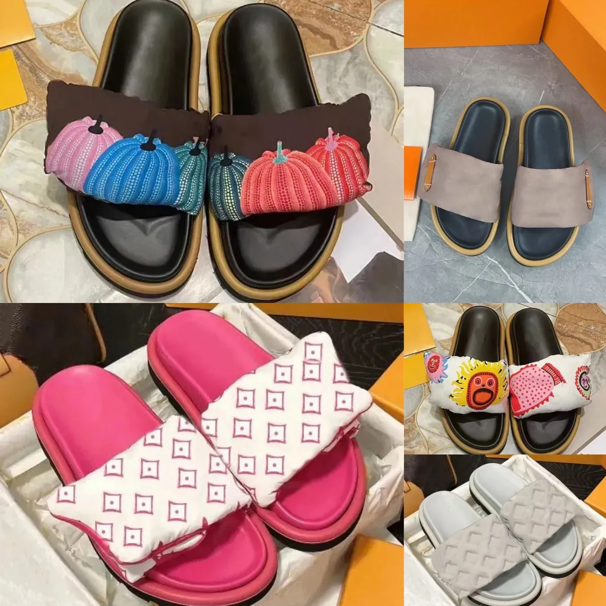 Nouveaux créateurs sliders pantoufles femmes hommes pool oreiller glissements de mode classiques imprimés plate confort mules sandales d'été plage bleu blanc sandales