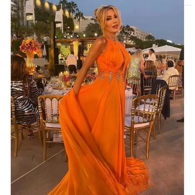 Party Dresses KSDN Sexy Orange Evening Dress Women Halter Pleat Crystal Floor Length Sleeveless Formal Occasion Backless Prom