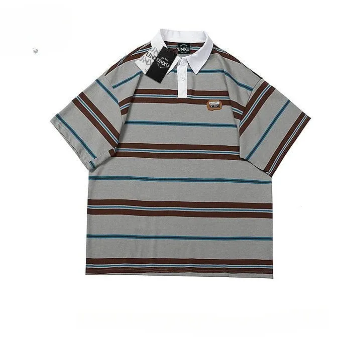 2024 Summer Loose American Retro Japanese Rands Tshirt For Men Colorblocked Polo Shirt Lapel Shortsleeved Women 240417