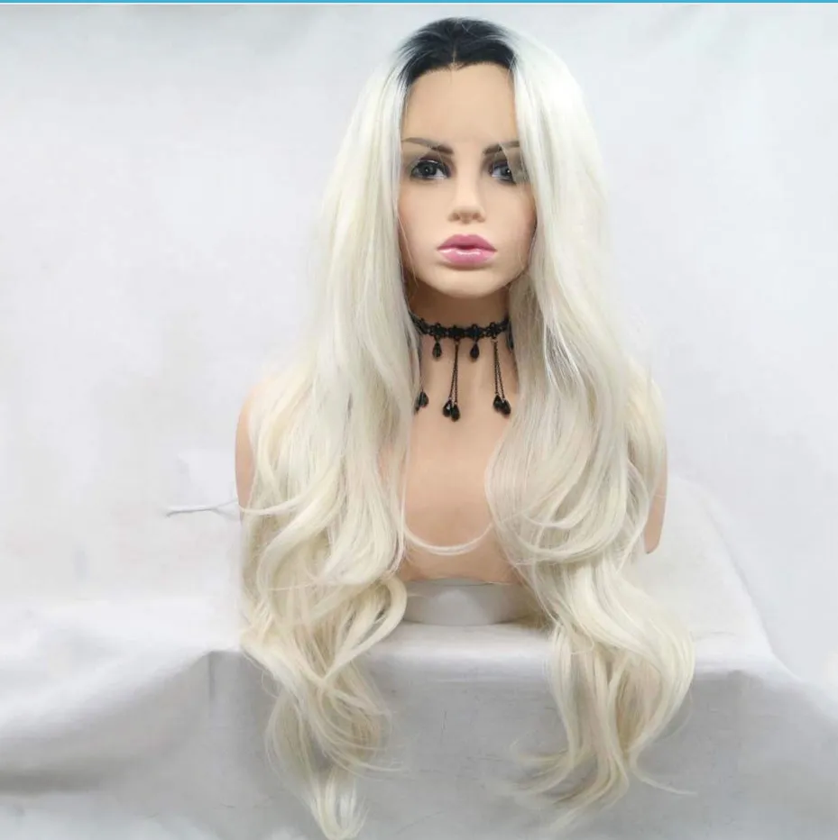 Nouveau européen grande température ondulée Wig Silk Wig Glueless Chimique Fibre dentelle Avant Long Wig Blonde Curly Wig European et Américain Style à succès