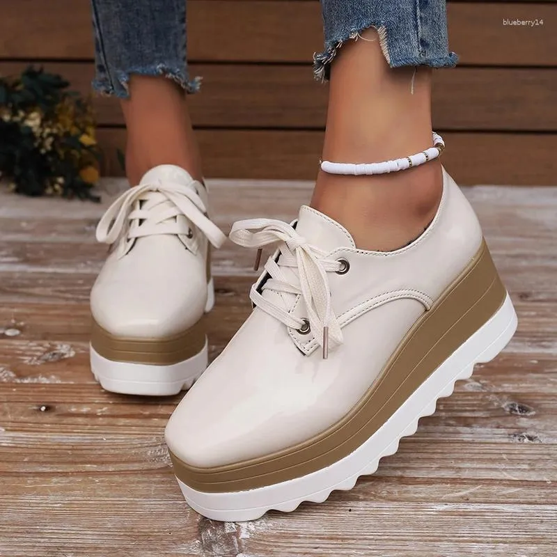 Casual Shoes Women's Fashion 2024 Spring Square Toe Ladies Comfy Lace Up Platform 35-43 Stora kvinnliga loafers