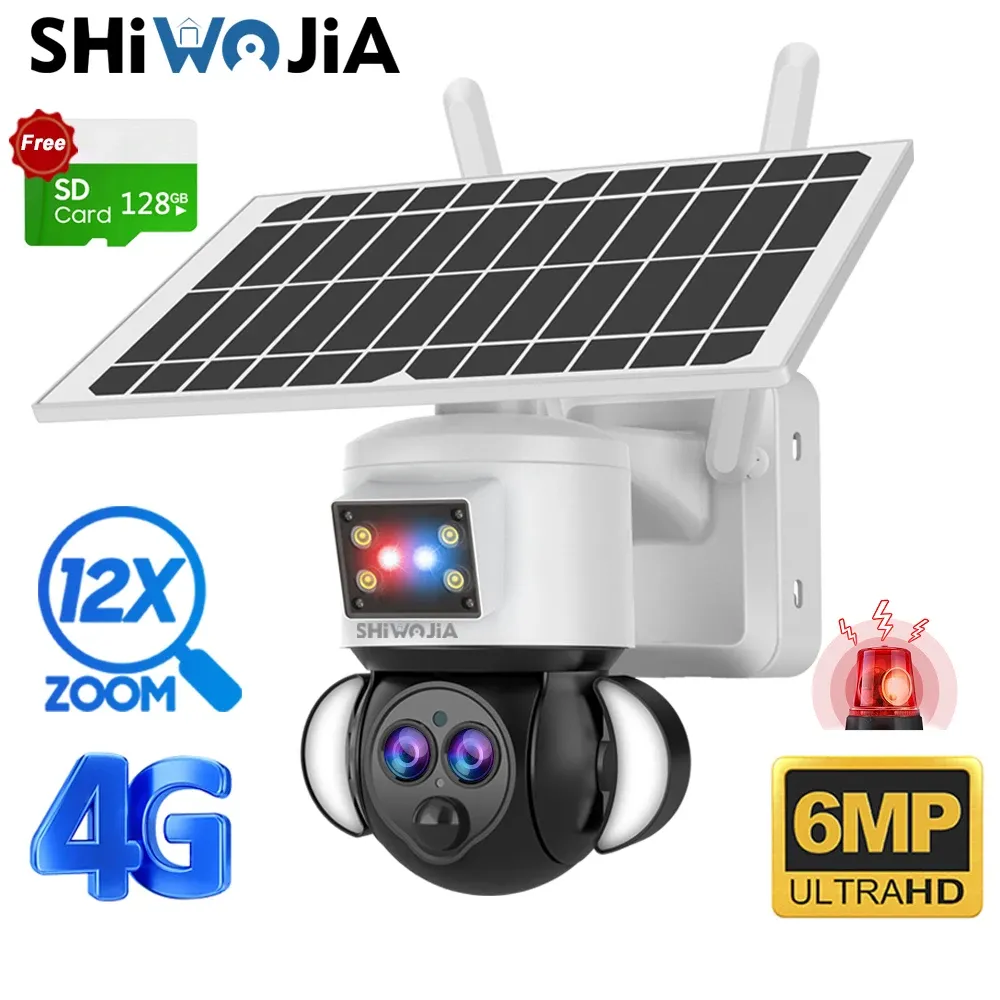Tillbehör Shiwojia 3K 6MP 4G Solar Camera 12x Optical Zoom Dual Lens Outdoor Camera Humanoid Tracking CCTV AI RedBlue Light Alarm