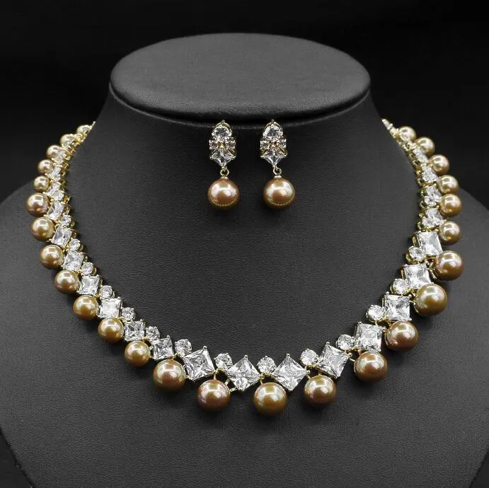 Perlenkristalle Zirkon Halskette und Ohrringe Hochzeitszubehör Schmuck