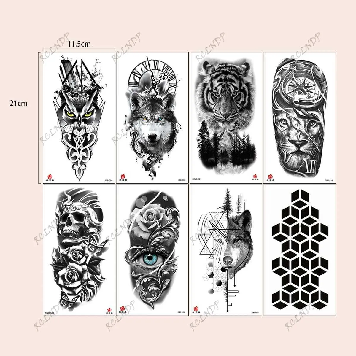 Transfert de tatouage étanche à tatouage temporaire choul wolf tigre lion thel the the the horloge flower faux tatou flash tatoo bras tato for hommes 240426