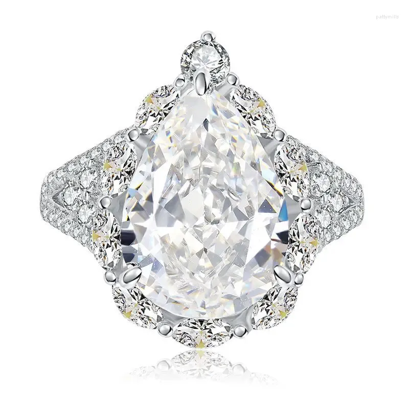 Cluster Rings S925 Silver Ring Zircon High Carbon Diamond White G Color 10 14mm Pear Shaped Large Water Drop