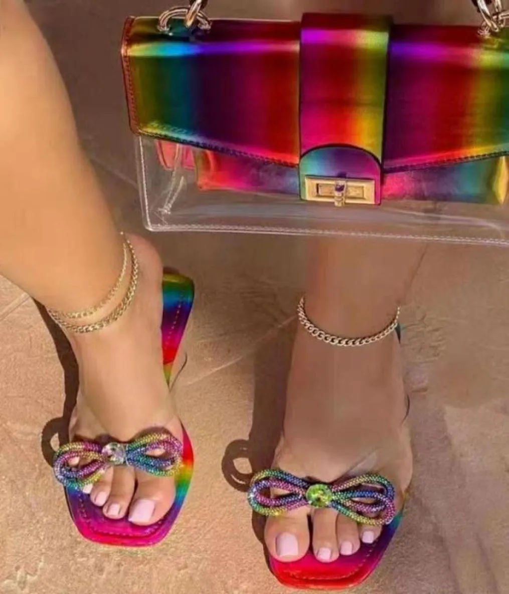 Slippers Neon Jelly Purses And Slide Set Rainbow Bow Flipflops Handbags Rhinestone Flat Slipper Bag Fashion Womens Shoes 20219770808