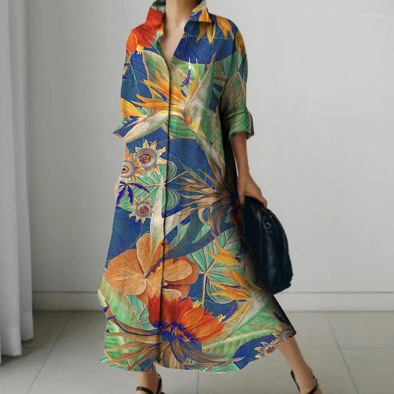 Casual Dresses Holiday Summer Extra Long Dress Women's Fashion Sleeve Nightlown Vintage Printed V Neck sundress Loose Shirt