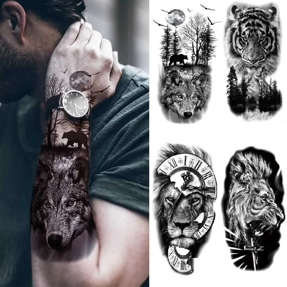 HKX0 Tattoo Transfer 4 -Blatt -Oberarmhülle Tattoo Crown Lion Tiger Wolf Kopf wasserdichte temporäre Tattoo Aufkleber Körperkunst falsches Tattoo für Frauen Männer 240426
