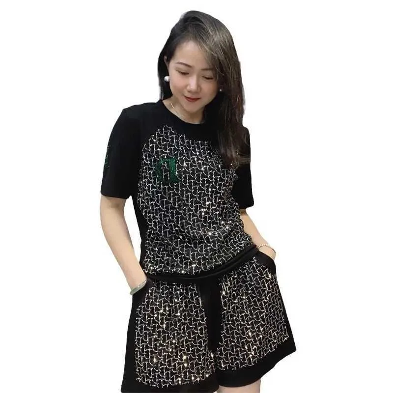 Women's Two Piece Pants 2PCS Glitter Summer Short Sets Women Clothes Casual Black Suit Fashion Diamonds Elastic Waist Hot Shorts Tracksuit Strtwear Y240426