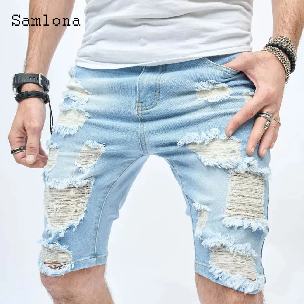 Samlona Men Leisure Splited Fashion Hip Hop Demin Shorts Summer Gescheurde korte jeans mannelijke casual skinny demin shorts 240418