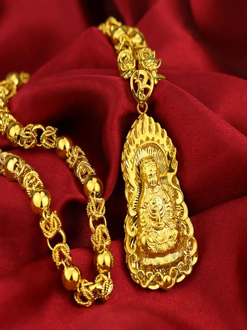 Персонализированное мужское золотоподобное ожерелье Сон Медное золото Гуанин Будда Моделирование подвеска