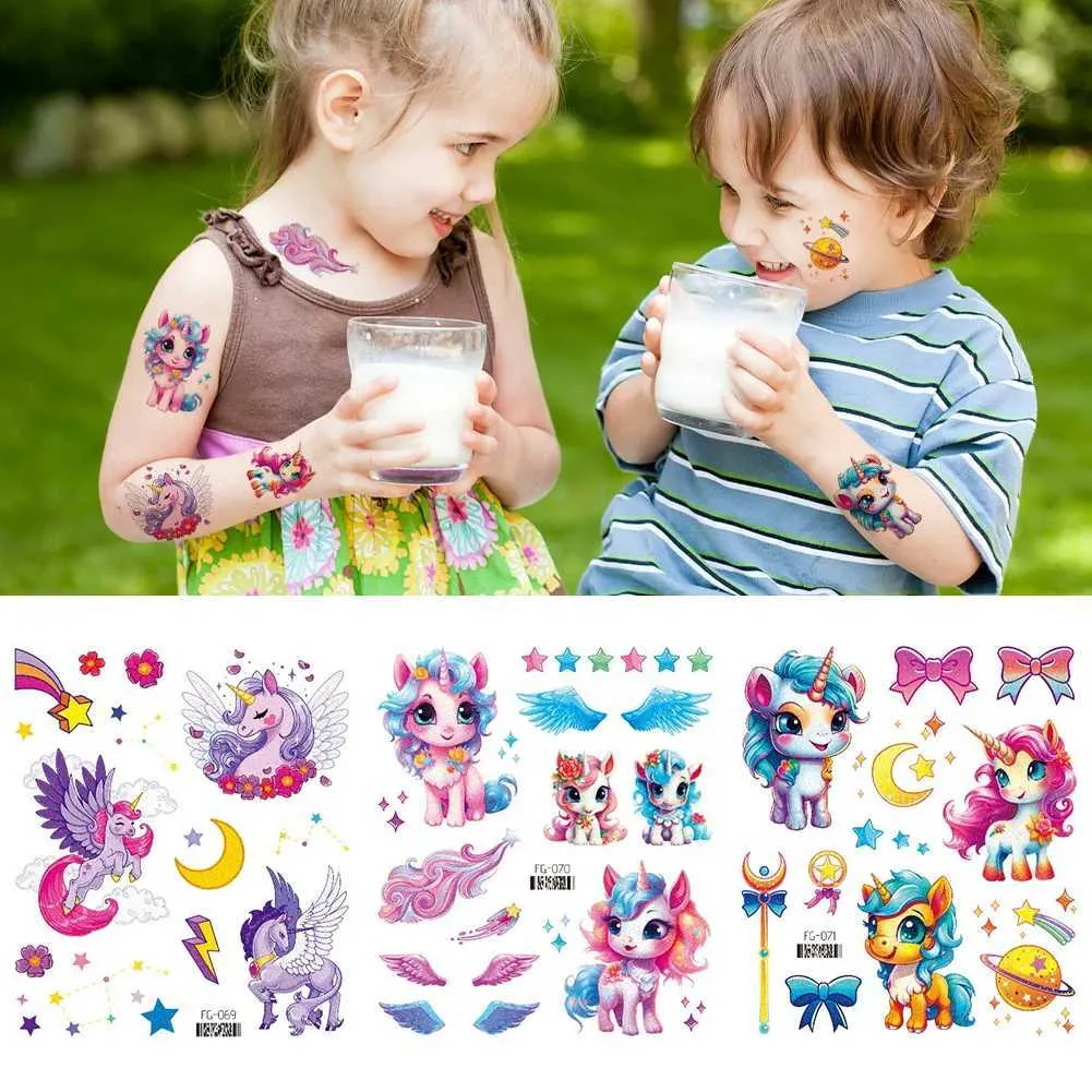 8phn Tattoo Transfer 6sts Sparkly Rainbow Tattoo Sticker Waterproof Mermaid Unicorn Temporary Tatto Stickers for Kids Birthday Party Favors Decor 240427