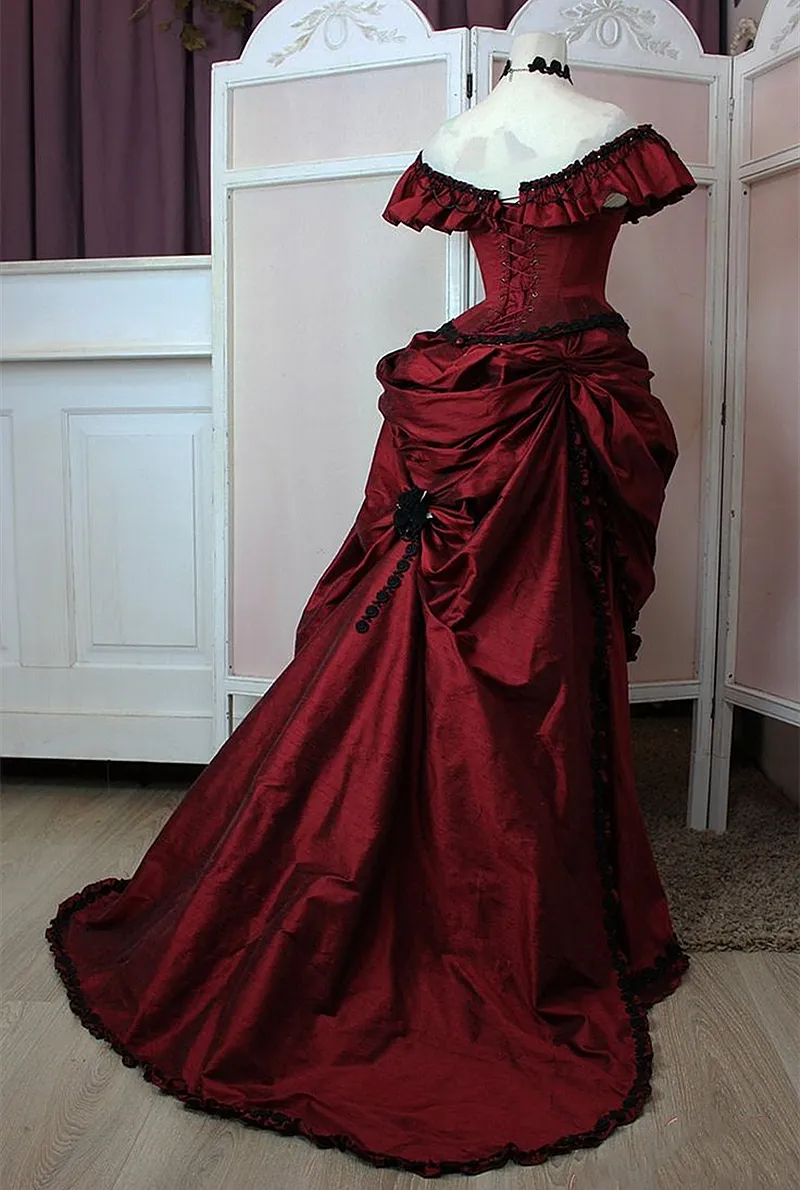 satin dress bustle Vintage Victorian Bustle Prom Dresses V-Neck Ruched Red Satin Special Occasion Gown Long Sleeves Medieval Masquerade Dress For Women 2024 Evening