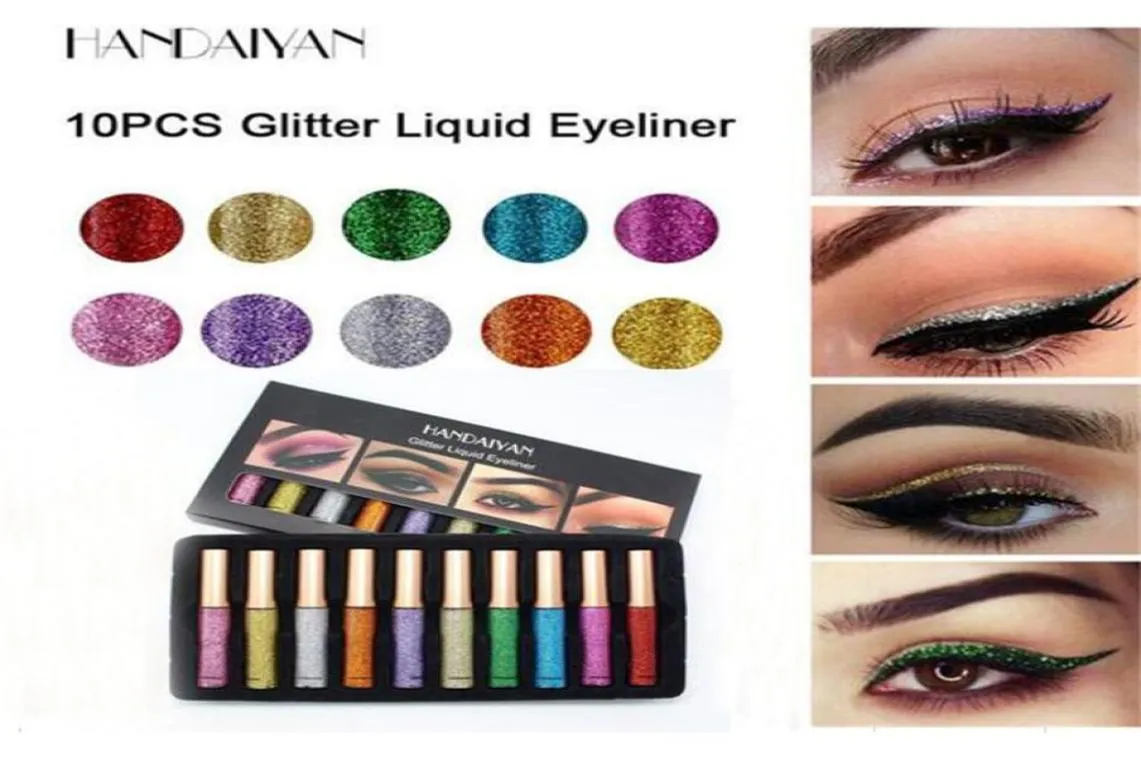 New 10 colors Liquid eyeliner HANDAIYAN 10Pcsset Metallic Shiny Eyes Eyeshadow Makeup Waterproof Glitter pen1496266