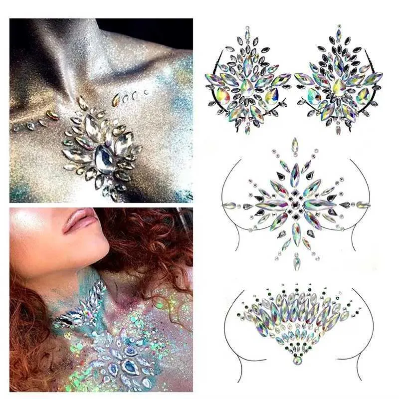 Tattoo Transfer smycken klistermärke Glitter Festivals 3D Rhinestones For Makeup Crystals Chest Diamond Stickers Body For Temporary Jewels Stickers 240427