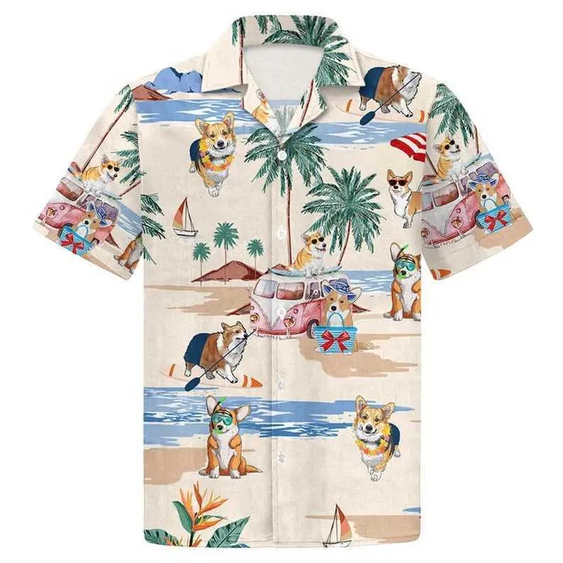 Casual shirts van heren Hawaiiaanse shirts voor mannen en vrouwen kawaii corgi shirts cartoon print strand korte mouw zomer casual button up hawaii shirts 240424