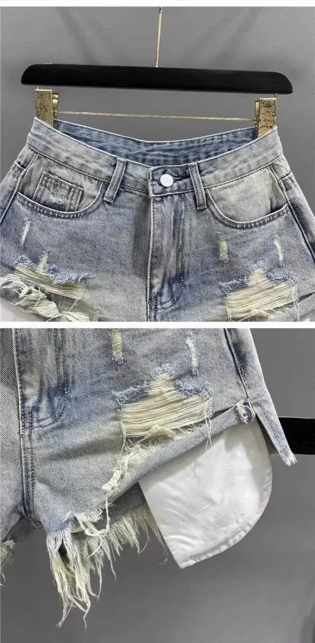 Kvinnors shorts koreanska vintage blå sexig rippade jeans för kvinnor lapptäcke a-line hög midja denim ultra shorts y240425