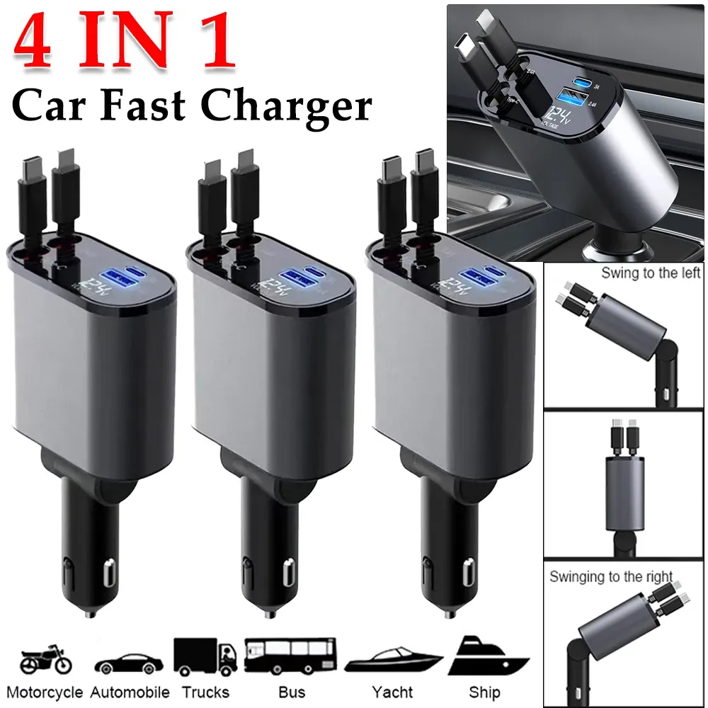 Chargers 120W PD QC3.0 4 en 1 Chargeur rapide de voiture rétractable flexible pour Adaptateur de cigarette de chargeur USB Apple USB Type C