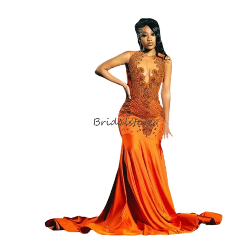 Orange Strasssteine Meerjungfrau Prom Kleider 2024 für schwarze Mädchen Diamonds Perlen Kristalle Samt ASO EBI Abendkleider Geburtstagsfeier Plus Size Formal Anlass