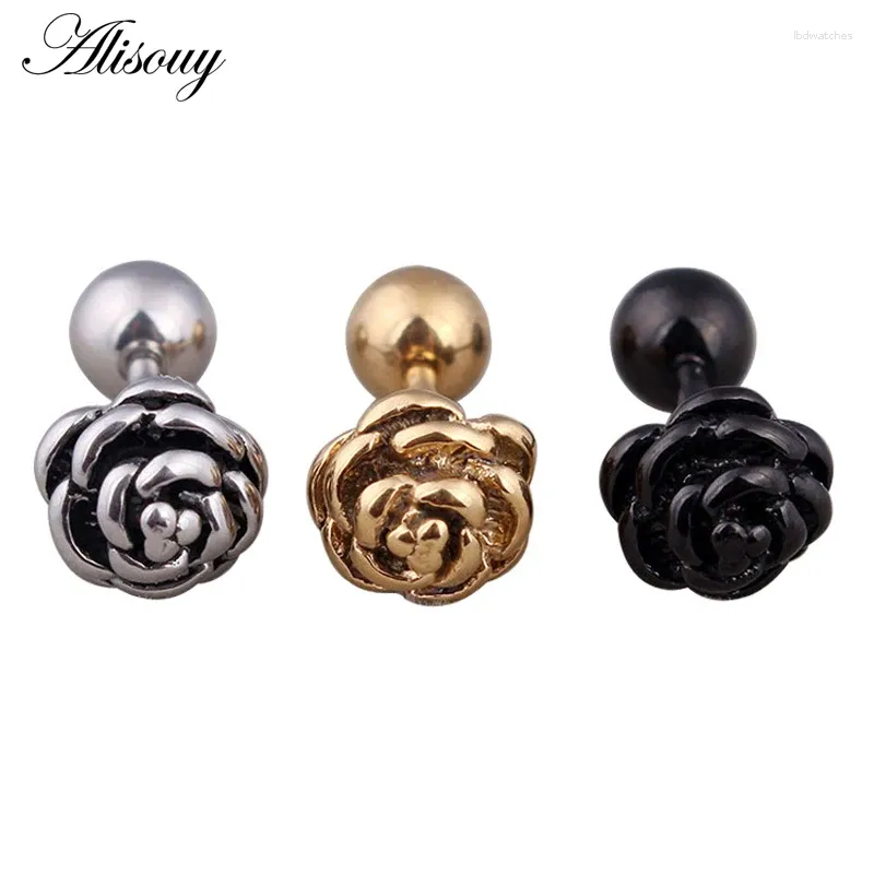 Stud Earrings Alisouy 2pcs Rose Flower Black Gold Color Stainless Steel Men Women Pierced Ear