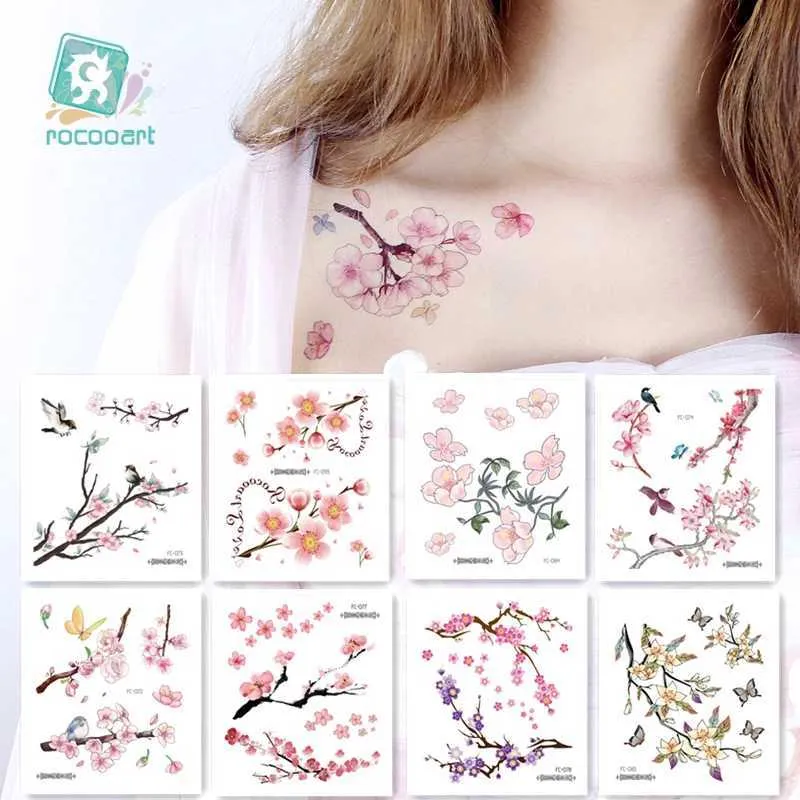 Tatuaż Transfer Rocooart Flowers Fake Sakura Tattoo Tattoo Naklejki klatka piersiowa taty wodoodporne Tatoo Brid Blossom Tree dla kobiet tatuaż tatuaż taty 240426