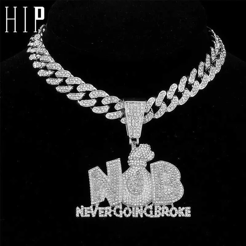 Strands HIP Iced Out Letters Money Bag Pendant with 13mm Cuban Link Chain Rhinestone Necklace Suitable for Mens Rap Singer Jewelry 240424